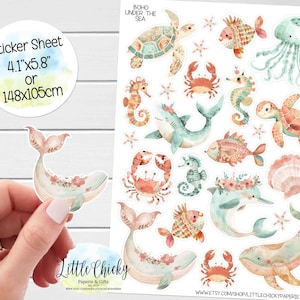 Stickervel - Boho Under the Sea-stickers, plannerstickers, plakboekstickers, dagboekstickers, kinderstickers, zeeschildpadden, walvissen