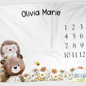 Milestone Blanket - Woodland Bear, Hedgehog, Monthly Photo Blanket, Personalized Milestone Blanket, Forest Animals Blanket, Baby Shower Gift