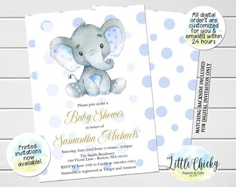 Elephant Baby Shower Invitation, Blue Elephant Baby Shower invitation, Blue and Gold Elephant Invitation, printed or digital