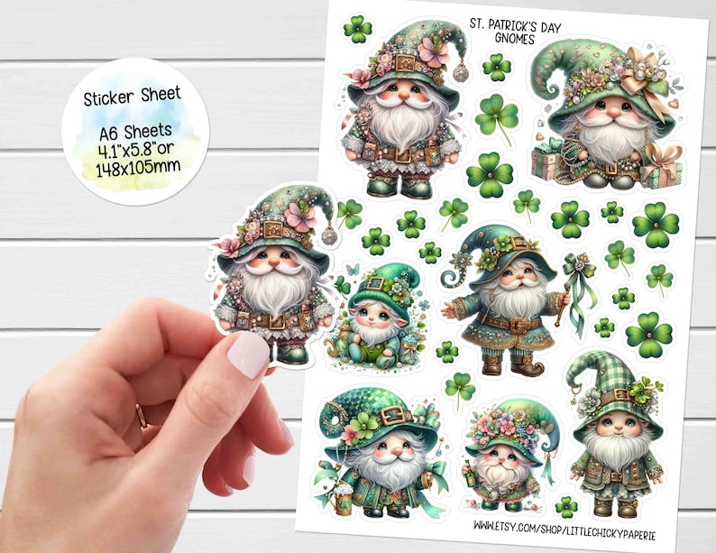 May include: A sheet of stickers featuring gnomes dressed in green and gold with shamrock accents. The stickers are perfect for adding a touch of whimsy to your St. Patrick's Day crafts.
