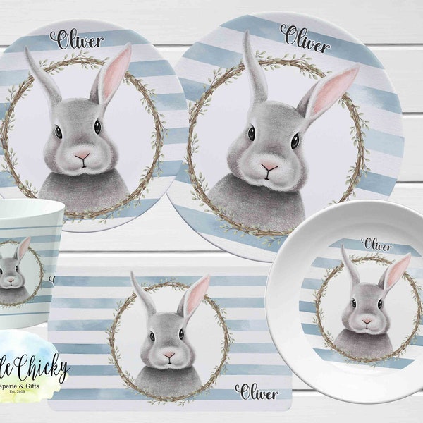 Blue Bunny Personalized Children's Plate set, Personalized Plate, Cup, Melamine Plate, Boy Bunny Easter Gift, Birthday Gift, First Birthday