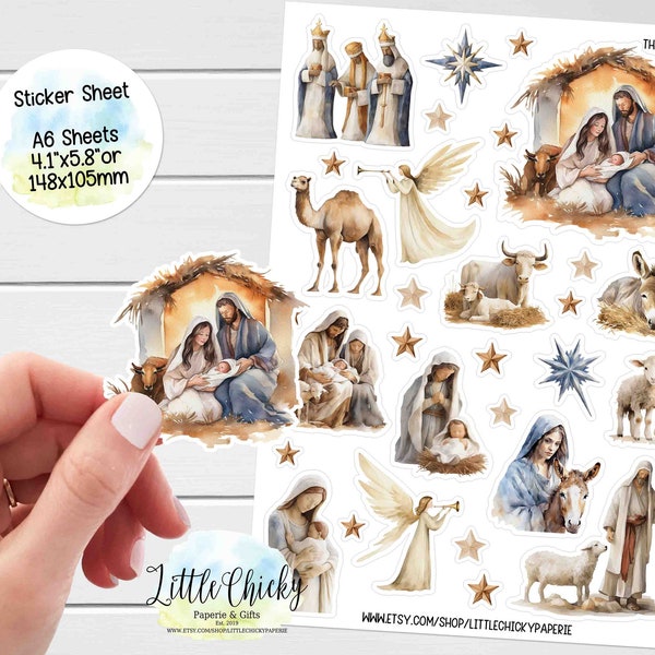 Sticker Sheet - Nativity Christmas Stickers, Planner Stickers, Scrapbook Stickers, Christmas Card Stickers, Journal Stickers