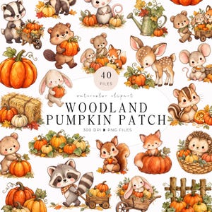 May include: A collection of watercolor clipart featuring woodland animals like badgers, beavers, deer, foxes, and rabbits with pumpkins, hay bales, and wooden carts. The text reads 40 FILES watercolor clipart WOODLAND PUMPKIN PATCH 300 DPI PNG FILES.