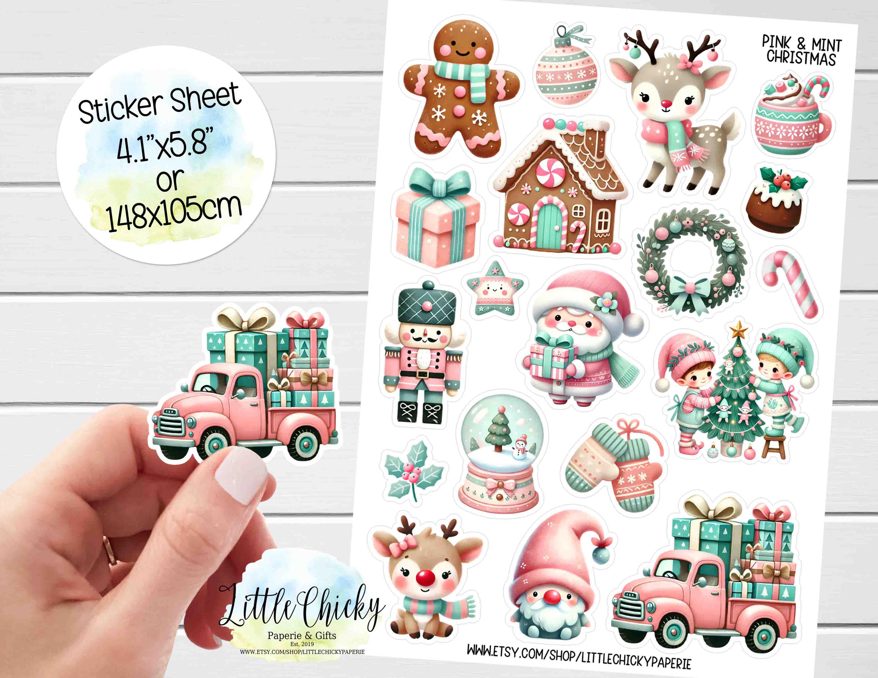Sticker Sheet - Mint & Pink Christmas Stickers, Christmas Stickers, Planner Stickers, Scrapbook Stickers, Journal Stickers, Holiday Stickers