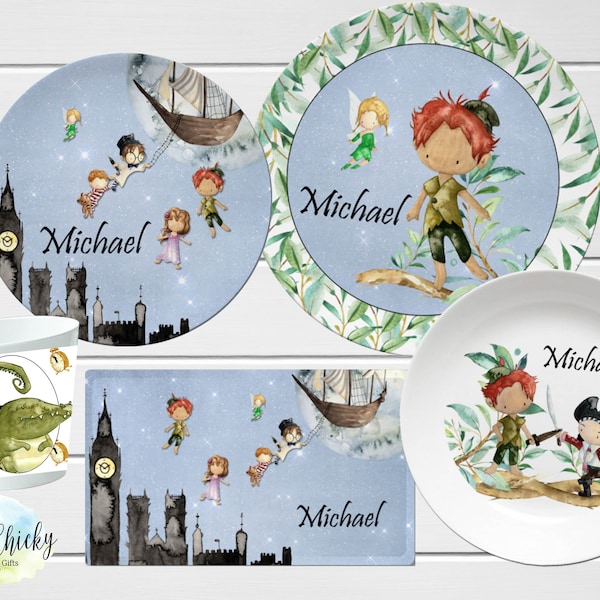Peter Pan Children's Plate set, Peter Pan Personalized Plate, Cup, Melamine Plate, Birthday Gift, First Birthday, Baby Shower Gift