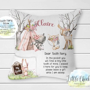 Pink Woodland Animals Tooth Fairy Pillow, Tooth Fairy Pillow, Digital Sublimation Design, Sublimation PNG File, Instant Download