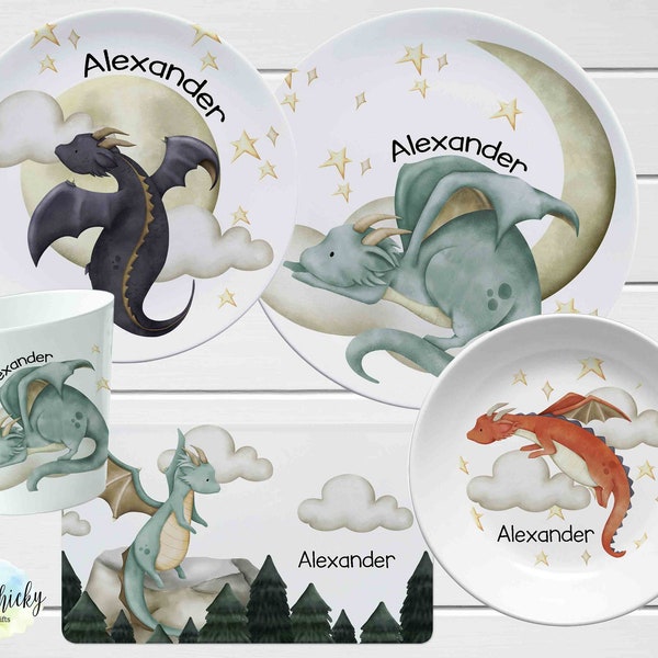 Personalized Dragon Children Plate set, Dragon Kids Melamine Dishes Set, Birthday Gift, Baptism Gift, Children's Gift, Christmas Gift
