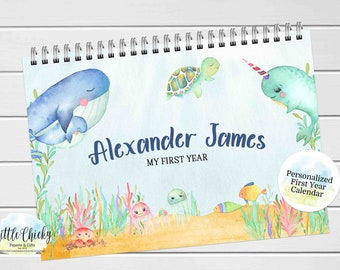 Under the Sea First Year Calendar with Milestone Stickers, First Year Calendar Journal Keepsake, Baby gift, Baby Shower Gift