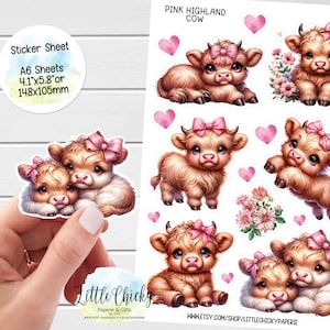 Folha de adesivos - Adesivos de vaca rosa das Terras Altas, Vacas florais das Terras Altas, Adesivos para planejadores, Adesivos para scrapbook, Adesivos para diário, Adesivos para bebês