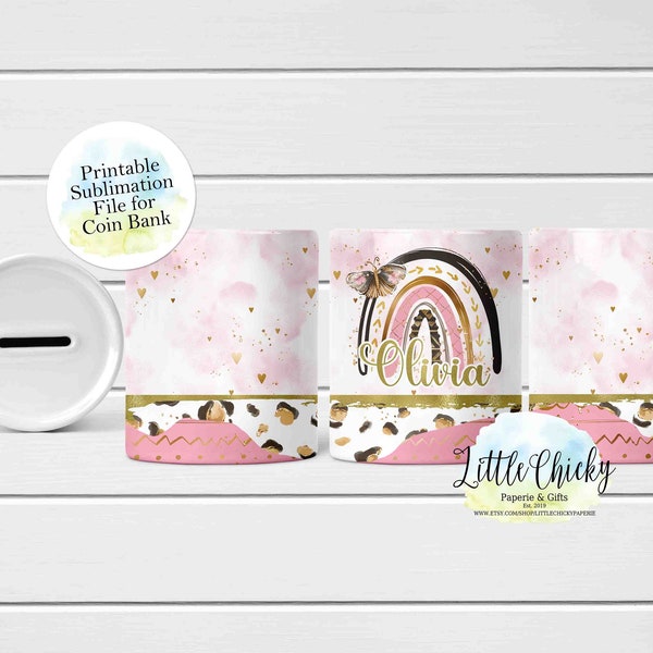 Pink Boho Rainbow Money Box,  Coin Bank Full Wrap Sublimation Design, Instant Download, Sublimation Bank Template, Sublimation PNG