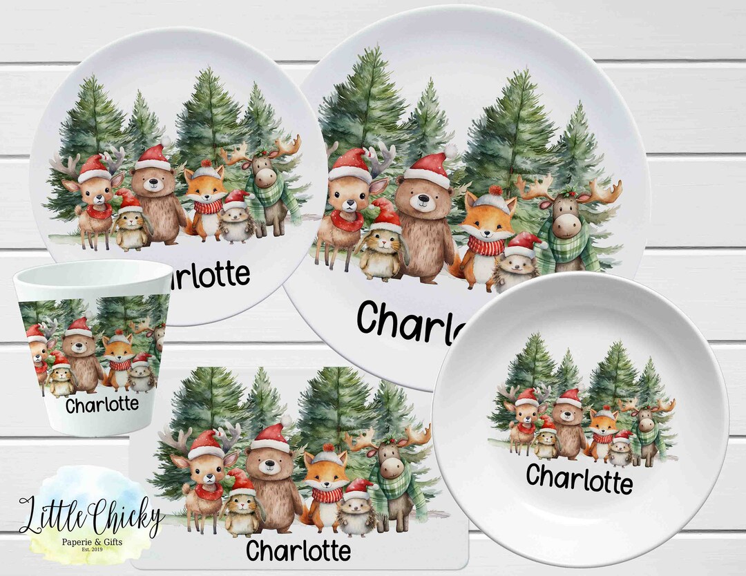 Personalized Children's Plate Set, Woodland Animals Christmas Plate Set