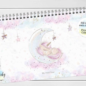 First Year Baby Keepsake Calendar, Unicorn First Year Calendar with Milestone Stickers, BLANK Calendar, Baby Gift, Baby Shower Gift