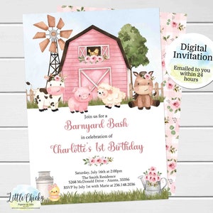 Farm birthday invitation, Girl Farm Birthday Invitation, 1st Birthday invitation, Pink Barnyard Bash Birthday Invitation, Digital Invitation