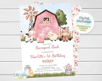 Farm birthday invitation, Girl Farm Birthday Invitation, 1st Birthday invitation, Pink Barnyard Bash Birthday Invitation, Digital Invitation