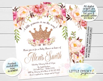 May include: A pink and white floral baby shower invitation with a gold glitter crown and the text "A little princess is on the way!"  Please join us for a Baby Shower in honor of Alexis Smith. Saturday, February 10th at 1:00pm. The Smith Residence. 526 Castle Drive - Boston 02256. RSVP by February 1st to Marie at 516-589-7230. Alexis is registered on Amazon and at Target.