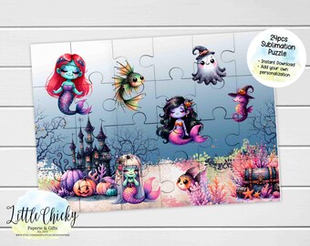 Halloween Mermaid 24pc Puzzle, Puzzle Sublimation Design, INSTANT DOWNLOAD, Add your own Personalization, Children's Gift, DIY Puzzle