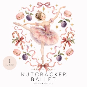 Op de afbeelding: Een aquarelillustratie van een ballerina in een roze tutu, omringd door een cirkelvormige opstelling van roze linten, gouden sterren, roze macarons, paarse pruimen en zuurstokken. De tekst luidt 1 IMAGE, NUTCRACKER BALLET, 300 DPI PNG FILE.