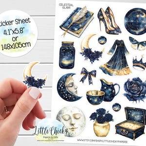 Sticker Bogen - Celestial Glam Aufkleber, Planer Aufkleber, Scrapbook Aufkleber, Journal Aufkleber, Mond und Sterne, Blau und Gold Aufkleber