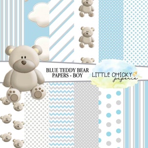 Teddy Bear Digital Paper Set, Blue Teddy Bear Digital Paper Set, Scrapbook Paper, Baby Boy Digital Paper Set, Teddy Bear