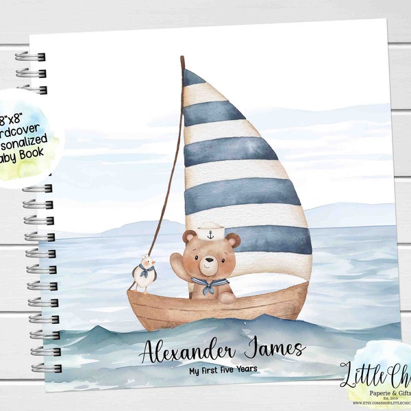 Nautical Teddy Bear Baby Keepsake Journal, Personalized Baby Book, Milestone Stickers, First Five Years, Baby Book, Baby Shower Gift