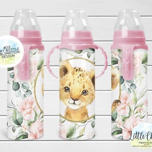 Floral Lion 8oz Baby Bottle Sublimation Design, Baby Lion, Jungle Baby Bottle Sublimation PNG File, Instant Download, Tumbler Template