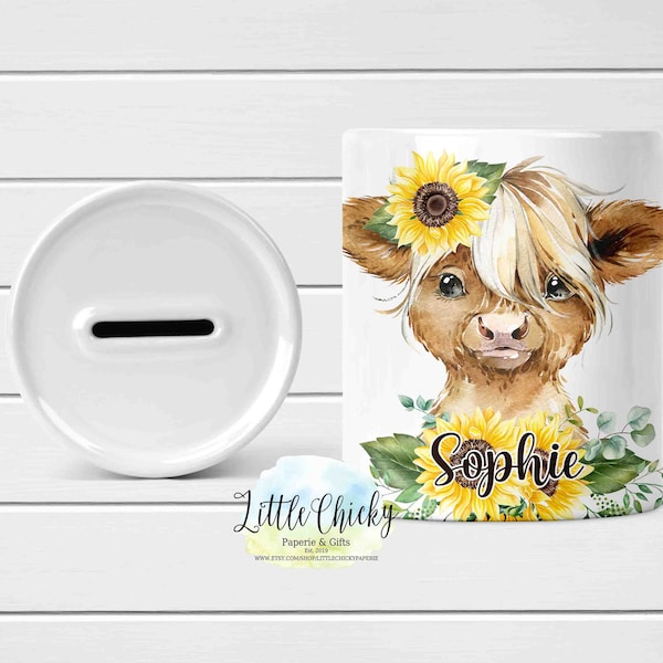 Personalized Money box with Name, Sunflower Highland Cow Money Box, Coin Bank, Piggy Bank, Birthday Gift, Personalized Gift, Baptism Gift