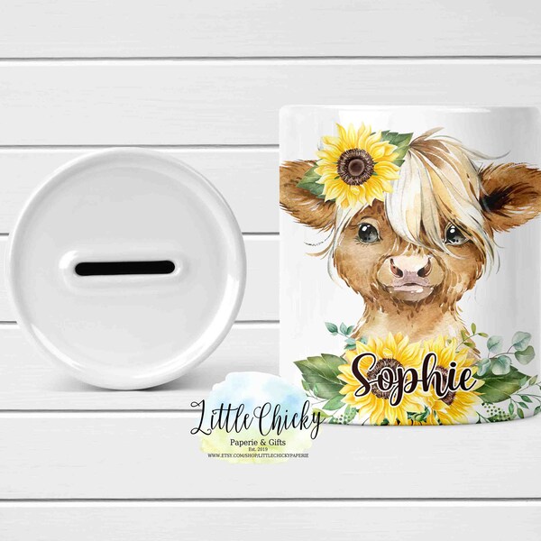 Personalized Money box with Name, Sunflower Highland Cow Money Box, Coin Bank, Piggy Bank, Birthday Gift, Personalized Gift, Baptism Gift