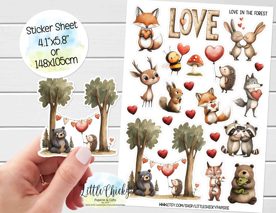 Sticker Sheet - Woodland Animals Valentine Stickers, Love in the Forest ...