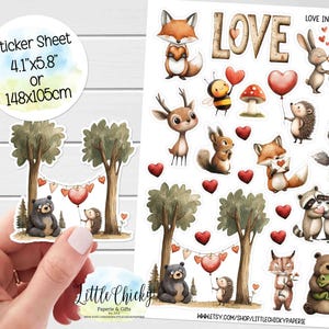 Sticker Bogen - Waldtiere Valentinstag Aufkleber, Liebe im Wald Aufkleber, Planer Aufkleber, Scrapbook Aufkleber, Journal Aufkleber
