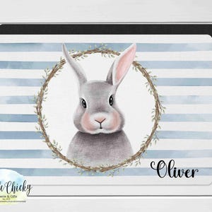 Personalized Children's Placemat - Blue Bunny Placemat, Custom Easter Placemat, Toddler Gift, Reusable BPA-Free Table Mat, Gift for Kids image 1