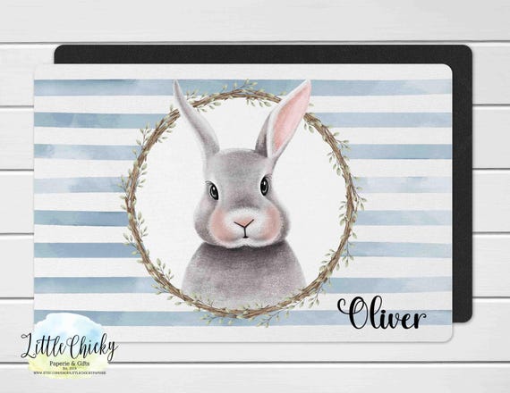 Personalized Children's Placemat - Blue Bunny Placemat, Custom Easter Placemat, Toddler Gift, Reusable BPA-Free Table Mat, Gift for Kids