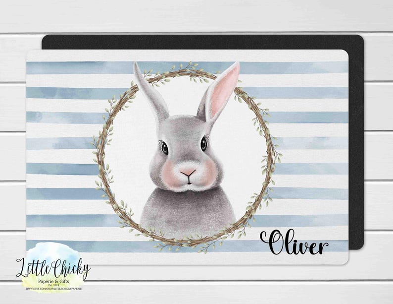 Personalized Children's Placemat - Blue Bunny Placemat, Custom Easter Placemat, Toddler Gift, Reusable BPA-Free Table Mat, Gift for Kids image 1