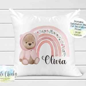 Pink Boho Bear Rainbow Digital Sublimation Design, Sublimation PNG File, Instant Download, Personalize your own pillow, Baby Nursery Decor