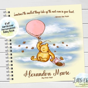 Diario clásico rosa de Winnie the Pooh para bebé, libro de bebé personalizado, pegatinas de hitos, primeros cinco años, libro de bebé, regalo para baby shower