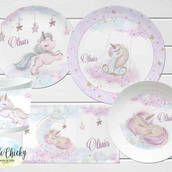 Unicorn Children's Personalized Plate set, Pastel Unicorn Personalized Plate, Cup, Melamine Plate, Birthday Gift, First Birthday, Baby Gift