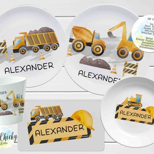 Construction Vehicles Children's Plate set, Personalized Plate, Cup, Melamine Plate, Baptism Gift, Birthday Gift, First Birthday, Baby Gift Set FIVE
