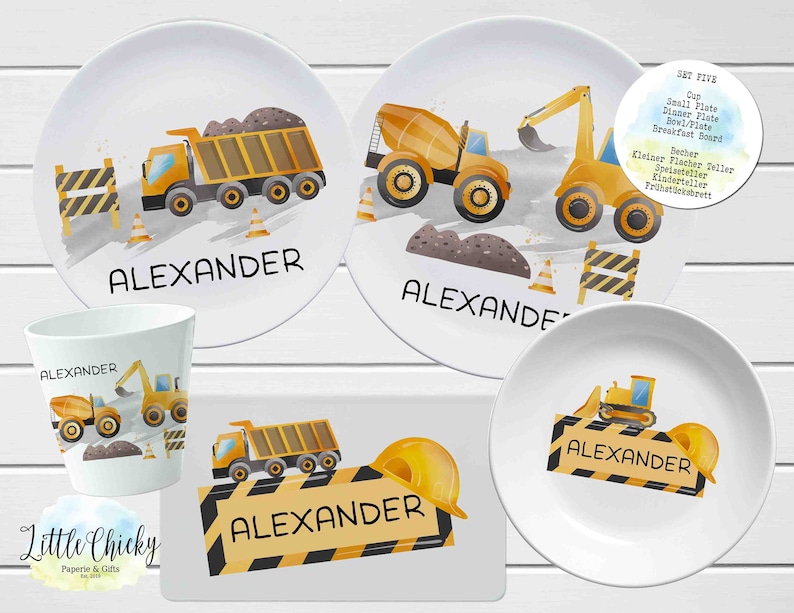 Construction Vehicles Children's Plate set, Personalized Plate, Cup, Melamine Plate, Baptism Gift, Birthday Gift, First Birthday, Baby Gift Set FIVE