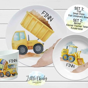 Personalized Construction Children's Plate set, Construction Vehicles Melamine Set, Birthday Gift, Baptism Gift, Children's Gift Set TWO