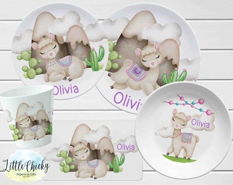 Set di piatti per bambini personalizzati con lama pastello, piatto personalizzato Alpaca, tazza, set di melamina, regalo di compleanno, regalo di battesimo, regalo per bambini