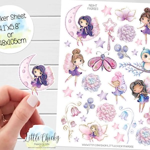 Feuille d'autocollants - Stickers fées de la nuit, Stickers agenda, Stickers aquarelles de fées, Stickers scrapbooking, Stickers journal, Stickers bébé