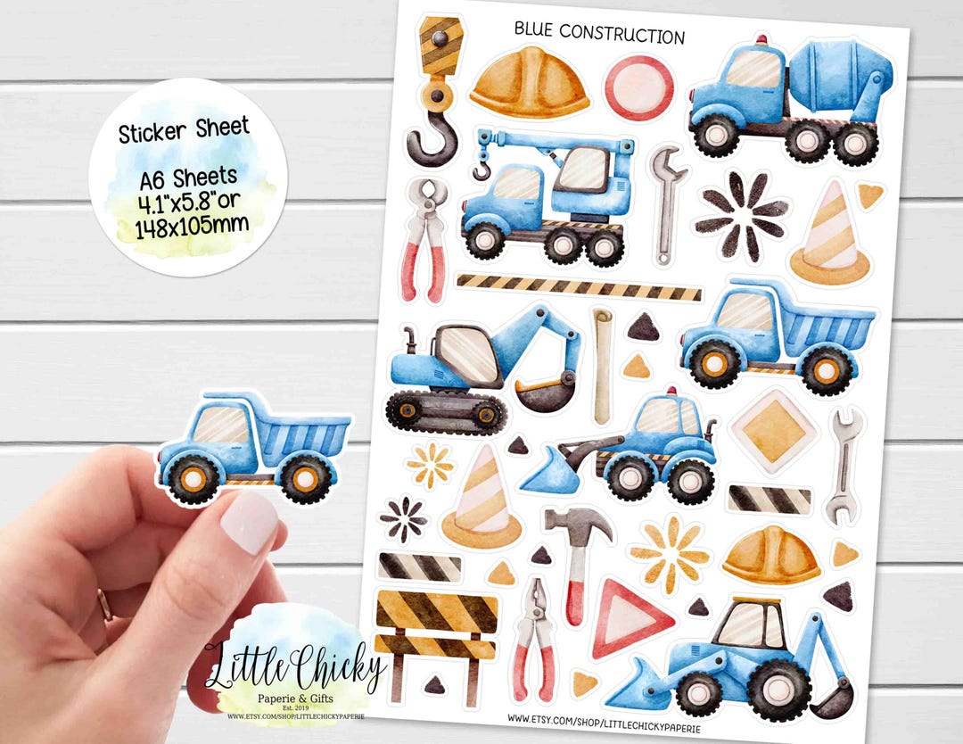 Construction Sticker Color Sticker Sheet - Blue Construction Vehicles, Planner Stickers, Scrapbook ...