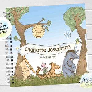 Diario clásico de Winnie the Pooh para bebé, libro de bebé personalizado, pegatinas de hitos, primeros cinco años, libro de bebé, regalo para baby shower