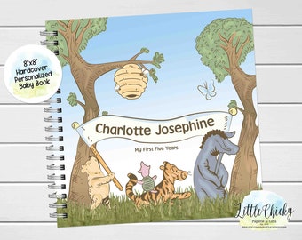 Journal souvenir de bébé classique Winnie l'ourson, livre de bébé personnalisé, autocollants d'étape importante, cinq premiers ans, livre de bébé, cadeau de baby shower