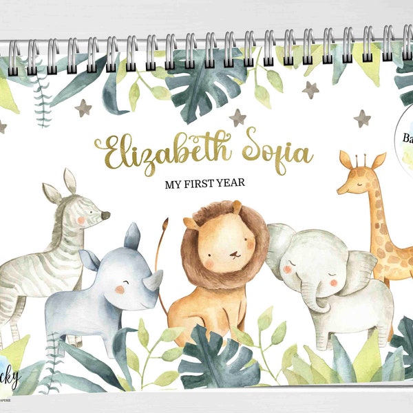 Safari Tiere Erstjahreskalender mit Meilenstein Aufklebern, Dschungel Tiere Erstjahreskalender Journal Andenken, Baby Geschenk, Baby Shower Geschenk