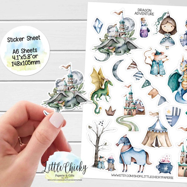 Sticker Sheet - Dragon Adventure Stickers, Planner Stickers, Scrapbook Stickers, Fairy Tale Stickers, Journal Stickers, Baby Stickers