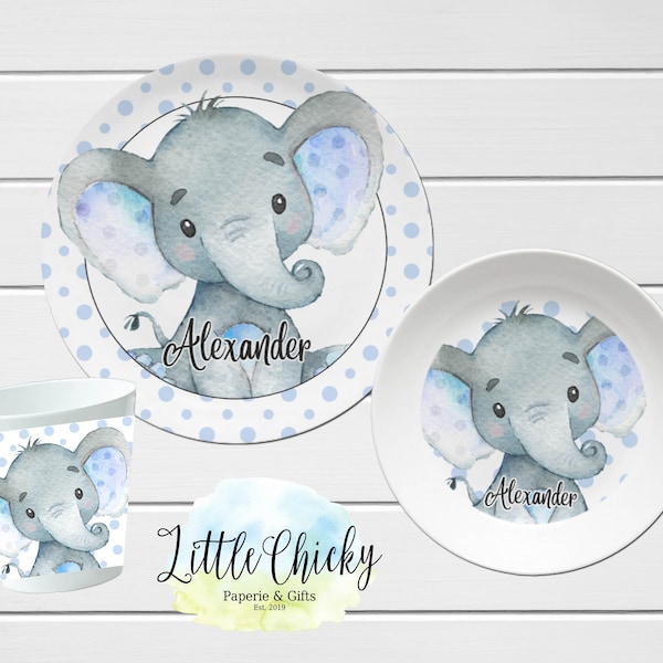 Elephant Children's Plate set, Blue Elephant Personalized Plate, Cup, Melamine Plate, Birthday Gift, First Birthday, Baby Shower Gift