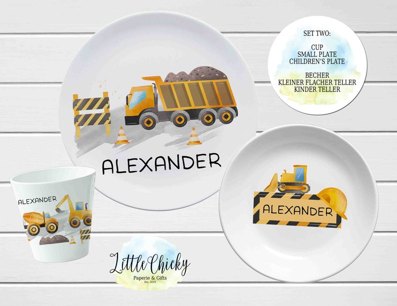 Construction Vehicles Children's Plate set, Personalized Plate, Cup, Melamine Plate, Baptism Gift, Birthday Gift, First Birthday, Baby Gift Set TWO