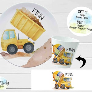 Personalized Construction Children's Plate set, Construction Vehicles Melamine Set, Birthday Gift, Baptism Gift, Children's Gift Set ONE