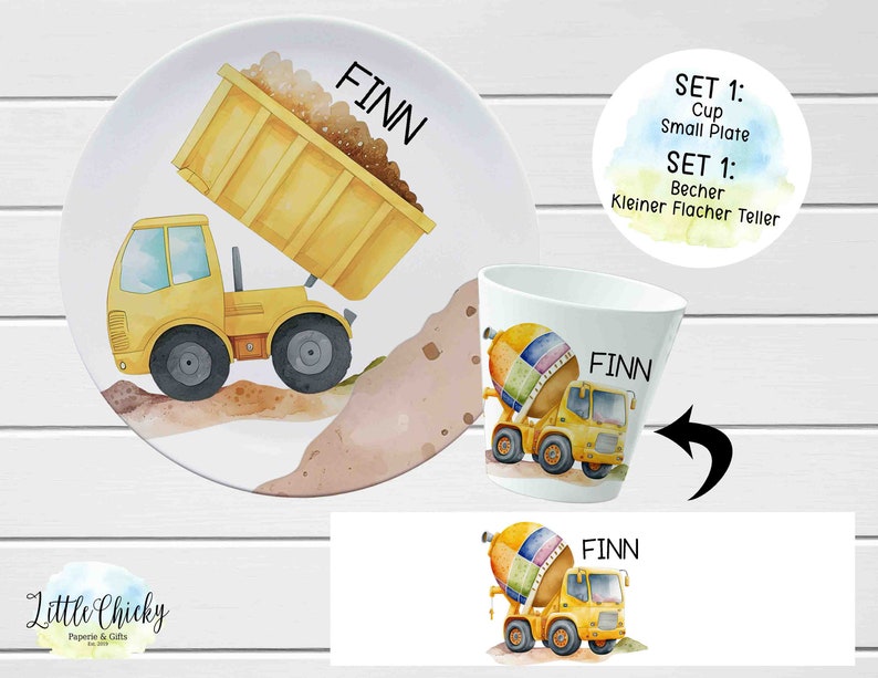 Personalized Construction Children's Plate set, Construction Vehicles Melamine Set, Birthday Gift, Baptism Gift, Children's Gift Set ONE