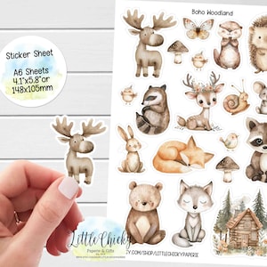 Feuille d'autocollants - Autocollants aquarelles d'animaux des bois, Animaux bohèmes, Autocollants pour agenda, Autocollants de scrapbooking, Autocollants de carnet de notes, Autocollants bébé